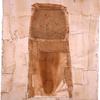 Vintage fabric and ironing board covers, thread, stain, and pyrography on paper