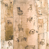 Vintage fabric and ironing board covers, thread, stain, and pyrography on paper