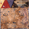 Reclaimed canvas, thread, vintage textiles, paper, pencil, ink, stain, paint, nails, encaustic, and pyrography on wood