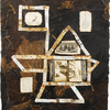 Tar paper, thread, vintage paper, pencil, cut tin, wire, encaustic and pyrography on paper